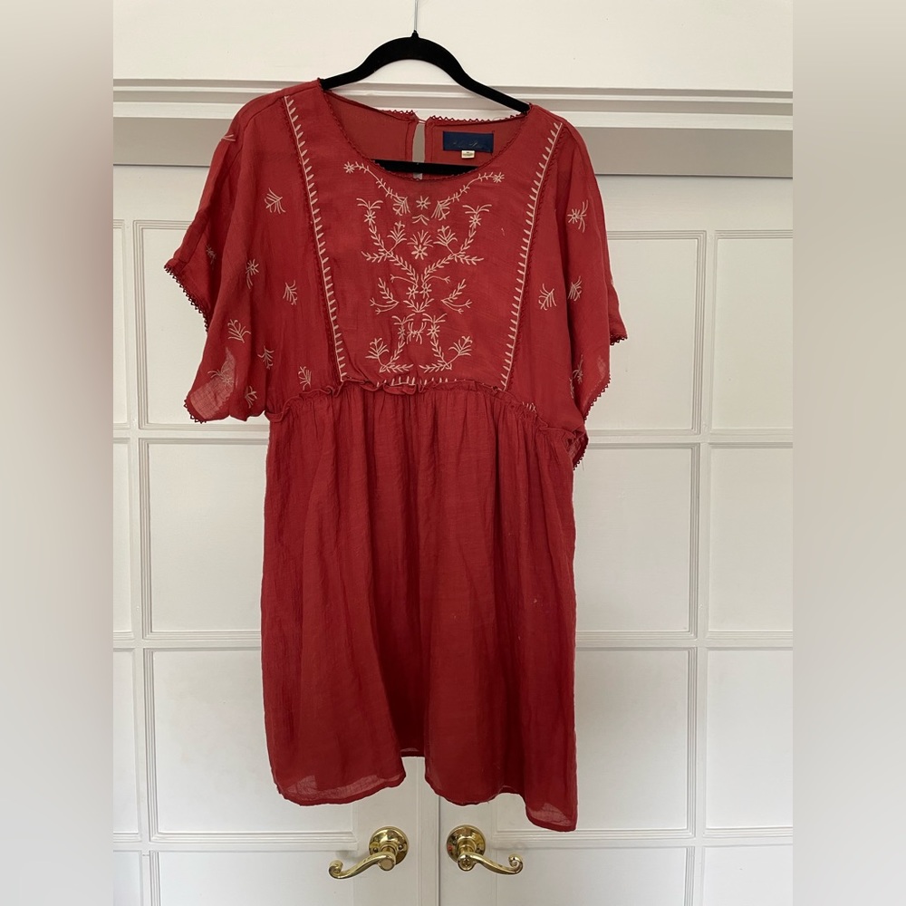 Embroidered autumnal burnt orange mini dress size M